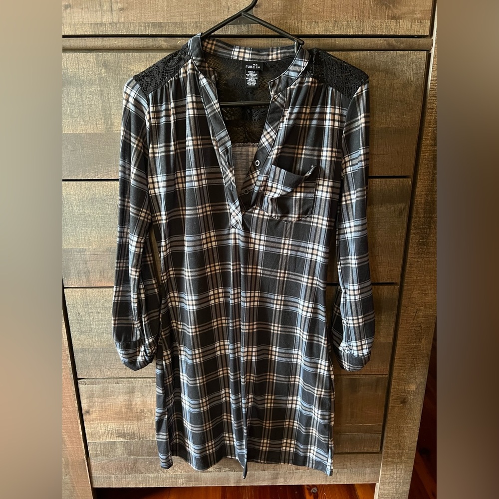 Plaid and lace dress, shirt dress, fall dress, plaid dress size small